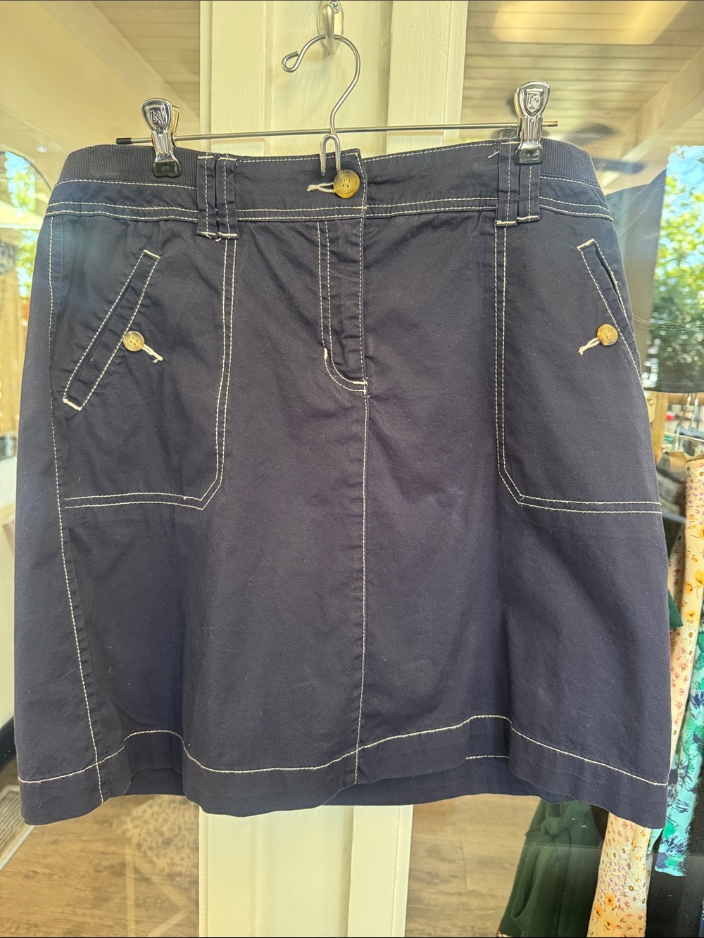 Karen Scott Navy A-Line Skirt with White Topstitching